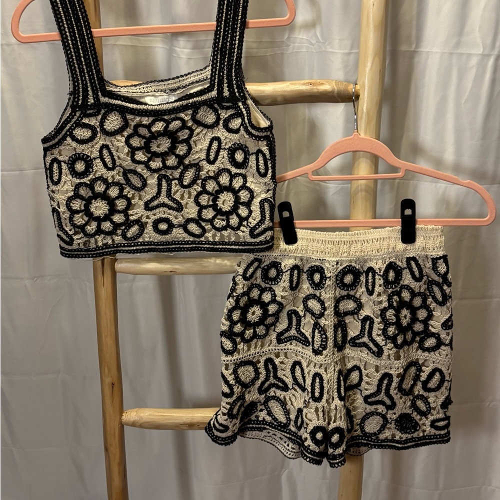 Rebellion: Black & Cream Crochet Knit Crop Top and Shorts Set - A Versatile Outf - Picture 6 of 13
